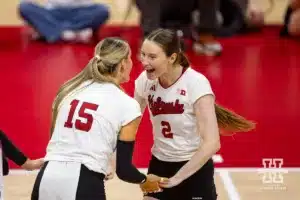 Nebraska Cornhuskers Bergen Reilly (2) and Dani Thomas-Nathan celebrate a point against the USC Trojans during a college volleyball match Sunday, September 29, 2024, in Lincoln, Nebraska. Photo by John S. Peterson.