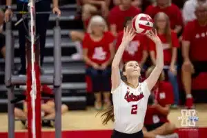 Nebraska Cornhusker Bergen Reilly (2) sets the ball against the USC Trojans during a college volleyball match Sunday, September 29, 2024, in Lincoln, Nebraska. Photo by John S. Peterson.