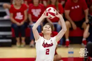 Nebraska Cornhusker Bergen Reilly (2) sets the ball against the USC Trojans during a college volleyball match Sunday, September 29, 2024, in Lincoln, Nebraska. Photo by John S. Peterson.