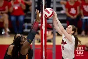 Nebraska Cornhusker Bergen Reilly (2) battles at the net against the USC Trojans during a college volleyball match Sunday, September 29, 2024, in Lincoln, Nebraska. Photo by John S. Peterson.