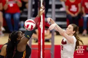 Nebraska Cornhusker Bergen Reilly (2) wins the battle at the net against the USC Trojans during a college volleyball match Sunday, September 29, 2024, in Lincoln, Nebraska. Photo by John S. Peterson.