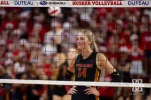 USC Trojan outside hitter Ally Batenhorst (14) waiting for the serve against the Nebraska Cornhuskers during a college volleyball match Sunday, September 29, 2024, in Lincoln, Nebraska. Photo by John S. Peterson.