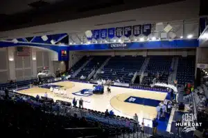 Creighton Bluejays huddle up before taking on the Southwest Minnesota State Mustangs during a college women’s basketball game Thursday, October 30, 2024, in Lincoln, Nebraska. Photo by John S. Peterson.