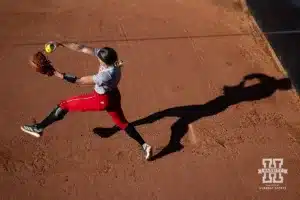 Nebraska Cornhusker Jordyn Bahl (98) warms up for the Red White softball game Wednesday, October 23, 2024, in Lincoln, Nebraska. Photo by John S. Peterson.