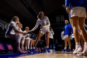 Creighton Bluejay guard Kiani Lockett (11) runs out when introduced to the fans to take on the Southwest Minnesota State Mustangs during a college women’s basketball game Thursday, October 30, 2024, in Lincoln, Nebraska. Photo by John S. Peterson.