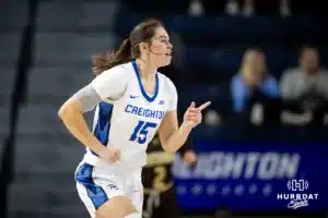 Creighton Bluejay guard Lauren Jensen (15) runs back down court after making a three point shot against the Southwest Minnesota State Mustangs during a college women’s basketball game Thursday, October 30, 2024, in Lincoln, Nebraska. Photo by John S. Peterson.