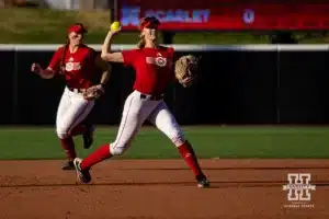 Nebraska Cornhusker Nessa McMillen (18) throws to first during the Red White softball game Wednesday, October 23, 2024, in Lincoln, Nebraska. Photo by John S. Peterson.