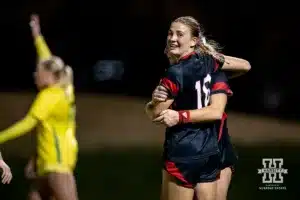 Nebraska Cornhusker Reese Snowden celebrates scoring a goal in the first half against the Oregon Ducks during a soccer match Thursday, October 17, 2024, in Lincoln, Nebraska. Photo by John S. Peterson.