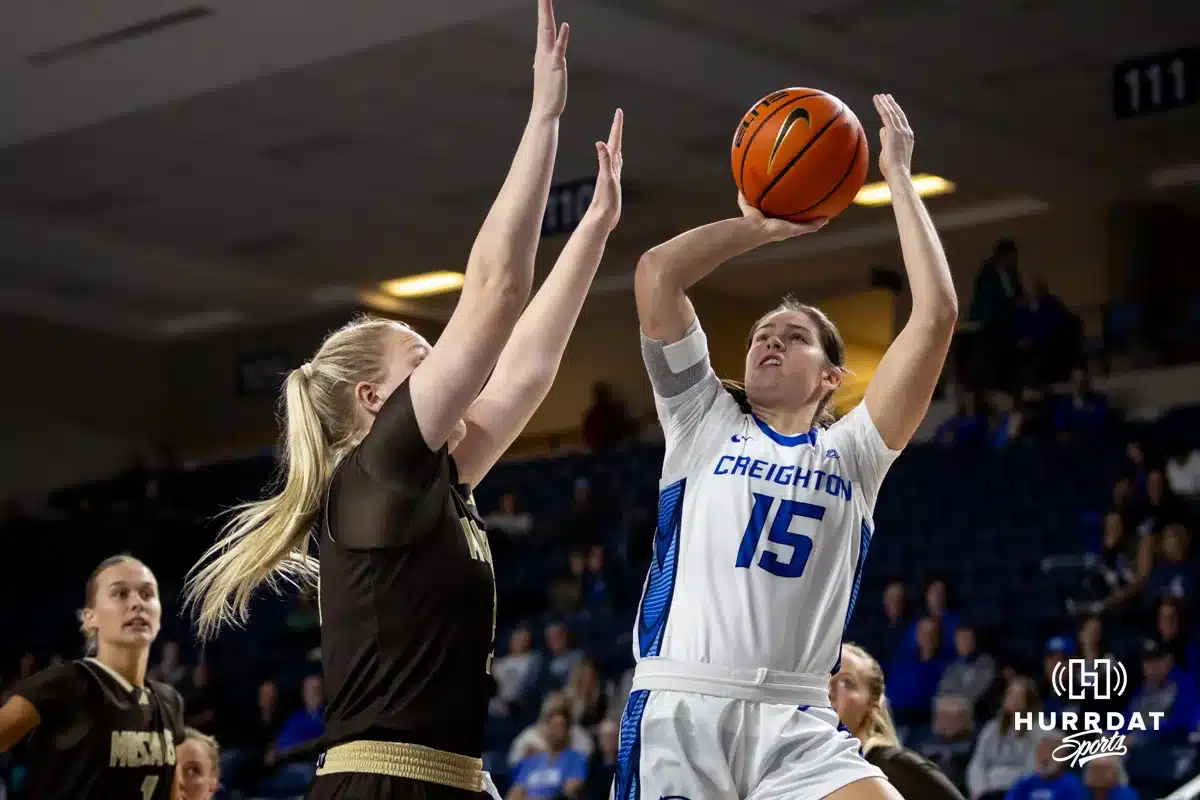 Creighton Bluejay guard Lauren Jensen (15) puts up a jump shot against Southwest Minnesota State Mustang forward Natalie Nielsen (34) in the second half during a college women’s basketball game Thursday, October 30, 2024, in Lincoln, Nebraska. Photo by John S. Peterson.