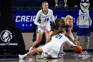 Creighton Bluejay guard Molly Mogensen (21) steals the ball away from Southwest Minnesota State Mustang forward Natalie Nielsen (34) in the ssecond half during a college women’s basketball game Thursday, October 30, 2024, in Lincoln, Nebraska. Photo by John S. Peterson.