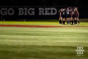 Nebraska Cornhuskers huddle up for the start of the second half against the Oregon Ducks during a soccer match Thursday, October 17, 2024, in Lincoln, Nebraska. Photo by John S. Peterson.