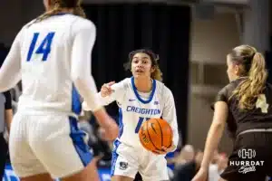 Creighton Bluejay guard Kiani Lockett (11) giving a play call against the Southwest Minnesota State Mustangs in the second half during a college women’s basketball game Thursday, October 30, 2024, in Lincoln, Nebraska. Photo by John S. Peterson.