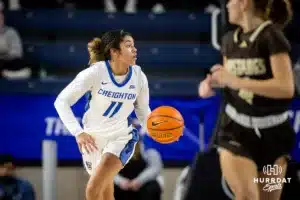 Creighton Bluejay guard Kiani Lockett (11) dribbles the ball down court against the Southwest Minnesota State Mustangs during a college women’s basketball game Thursday, October 30, 2024, in Lincoln, Nebraska. Photo by John S. Peterson.