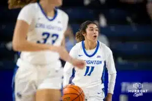 Creighton Bluejay guard Kiani Lockett (11) dribbles the ball down the court against the Southwest Minnesota State Mustangs in the first half during a college women’s basketball game Thursday, October 3, 2024, in Lincoln, Nebraska. Photo by John S. Peterson.