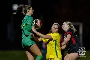 Nebraska Cornhusker forward Sarah Weber (42) attacks the goal against the Oregon Ducks during a soccer match Thursday, October 17, 2024, in Lincoln, Nebraska. Photo by John S. Peterson.