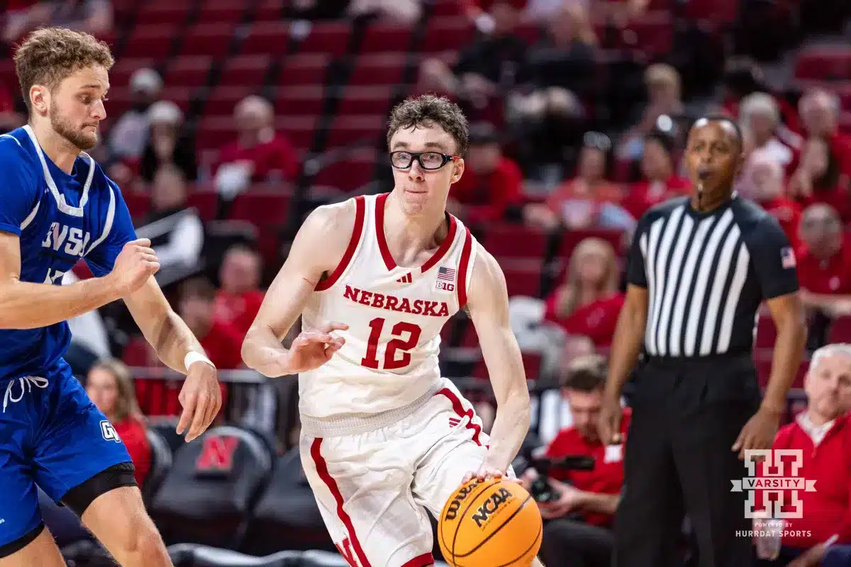 Nebraska Cornhusker Gavin Griffiths (12) drives to the basket against the Grand Valley State Lakers in the second half during a college men’s basketball game Thursday, October 27, 2024, in Lincoln, Nebraska. Photo by John S. Peterson.