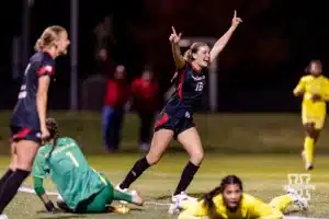 Nebraska Cornhusker Reese Snowden celebrates a goal made by teammate Florence Belzile in the second half against the Oregon Ducks during a soccer match Thursday, October 17, 2024, in Lincoln, Nebraska. Photo by John S. Peterson.