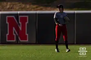 Nebraska Cornhusker Alina Felix (26) playing left field during the Red White softball game Wednesday, October 23, 2024, in Lincoln, Nebraska. Photo by John S. Peterson.