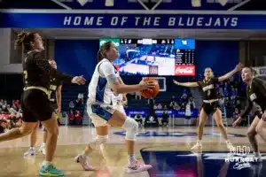 Creighton Bluejay guard Lauren Jensen (15) drives to the basket against Southwest Minnesota State Mustang guard Bri Stoltzman (2) in the second half during a college women’s basketball game Thursday, October 30, 2024, in Lincoln, Nebraska. Photo by John S. Peterson.