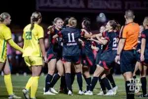 Nebraska Cornhuskers celebrates a goal by Florence Belzile in the second half against the Oregon Ducks during a soccer match Thursday, October 17, 2024, in Lincoln, Nebraska. Photo by John S. Peterson.