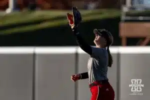 Nebraska Cornhusker Hannah Camenzind (9) makes a catch during the Red White softball game Wednesday, October 23, 2024, in Lincoln, Nebraska. Photo by John S. Peterson.