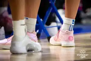 Creighton Bluejays pair of Kevin Durant tribute shoe to his Aunt Pearl during a college women’s basketball game against the Southwest Minnesota State Mustangs Thursday, October 30, 2024, in Lincoln, Nebraska. Photo by John S. Peterson.