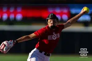 Nebraska Cornhusker Hannah Camenzind (9) throws a pitch during the Red White softball game Wednesday, October 23, 2024, in Lincoln, Nebraska. Photo by John S. Peterson.