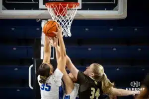 Creighton Bluejay center Elizabeth Gentry (35) grabs the rebound against Southwest Minnesota State Mustang forward Natalie Nielsen (34) in the second half during a college women’s basketball game Thursday, October 30, 2024, in Lincoln, Nebraska. Photo by John S. Peterson.