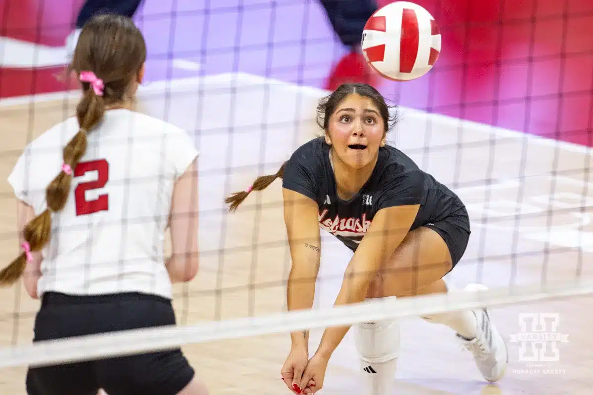 Nebraska Cornhusker Lexi Rodriguez (8) digs the ball against the Rutgers Scarlet Knights during a college volleyball match Saturday, October 12, 2024, in Lincoln, Nebraska. Photo by John S. Peterson.