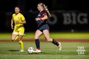 Nebraska Cornhusker forward Sarah Weber (42) dribbles the ball against the Oregon Ducks in the second half during a soccer match Thursday, October 17, 2024, in Lincoln, Nebraska. Photo by John S. Peterson.