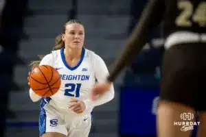 Creighton Bluejay guard Molly Mogensen (21) dribbles the ball down the court against the Southwest Minnesota State Mustangs in the second half during a college women’s basketball game Thursday, October 30, 2024, in Lincoln, Nebraska. Photo by John S. Peterson.