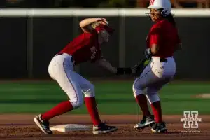 Nebraska Cornhusker Nessa McMillen tags Dakota Carter at second during the Red White softball game Wednesday, October 23, 2024, in Lincoln, Nebraska. Photo by John S. Peterson.