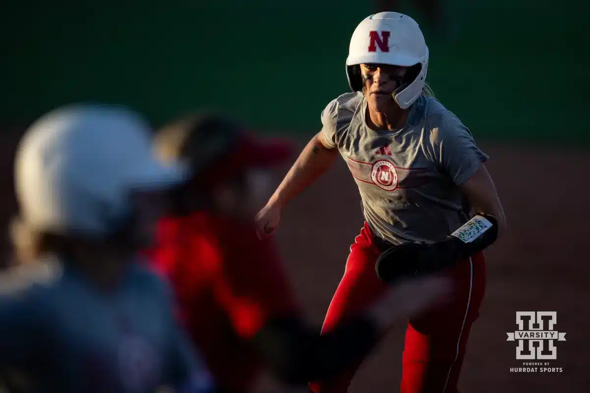 Nebraska Cornhusker Jordyn Bahl (98) runs back to first base during the Red White softball game Wednesday, October 23, 2024, in Lincoln, Nebraska. Photo by John S. Peterson.