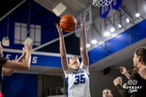 Creighton Bluejay center Elizabeth Gentry (35) reaches for the rebound against the Southwest Minnesota State Mustangs in the second half during a college women’s basketball game Thursday, October 30, 2024, in Lincoln, Nebraska. Photo by John S. Peterson.