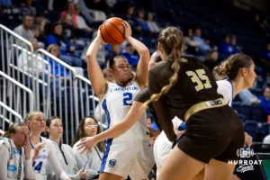 Creighton Bluejay guard Kennedy Townsend (2) looks to pass against the Southwest Minnesota State Mustangs in the second half during a college women’s basketball game Thursday, October 30, 2024, in Lincoln, Nebraska. Photo by John S. Peterson.