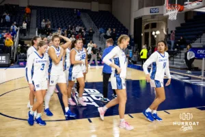 Creighton Bluejays head to the locker room after the win over Southwest Minnesota State Mustangs during a college women’s basketball game Thursday, October 30, 2024, in Lincoln, Nebraska. Photo by John S. Peterson.