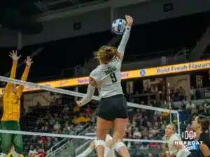 Omaha Mavericks take on North Dakota State in a volleyball match Sunday, October 13, 2024 in Omaha, Nebraska. Photo by Brandon Tiedemann.