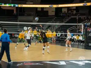 Omaha Mavericks take on North Dakota State in a volleyball match Sunday, October 13, 2024 in Omaha, Nebraska. Photo by Brandon Tiedemann.