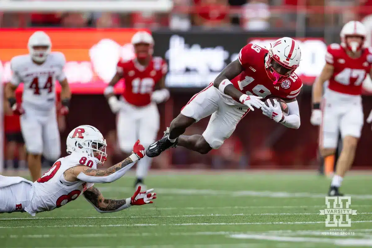 Nebraska Cornhusker wide receiver Jaylen Lloyd (19) is tackled by Rutgers Scarlet Knight defensive lineman Aaris Bethea (80) during a college football game Saturday, October 5, 2024, in Lincoln, Nebraska. Photo by John S. Peterson.