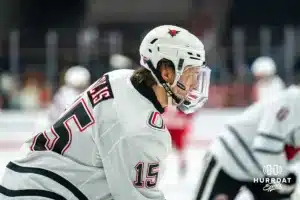 Omaha Maverick Noah Ellis (15) warms up before Omaha vs Wisconsin exhibition hockey match Saturday, October 5, 2024 in Omaha, Nebraska. Photo by Kyle Byers.