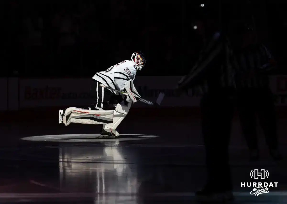 Omaha Maverick goalie Kevin Reidler (35) takes the ice against the Wisconsin Badgers in a college hockey match Saturday, October 5, 2024 in Omaha, Nebraska. Photo by Kyle Byers.