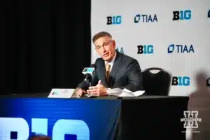 Big Ten Conference Commissioner Tony Petitti answering questions from the media during Big Ten Media Days Wednesday, October 2, 2024, in Rosemont, Illinois. Photo by Mike Sautter.