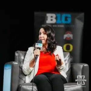 Nebraska head coach Amy Williams answering questions from the media during Big Ten Media Days Wednesday, October 2, 2024, in Rosemont, Illinois. Photo by Mike Sautter.