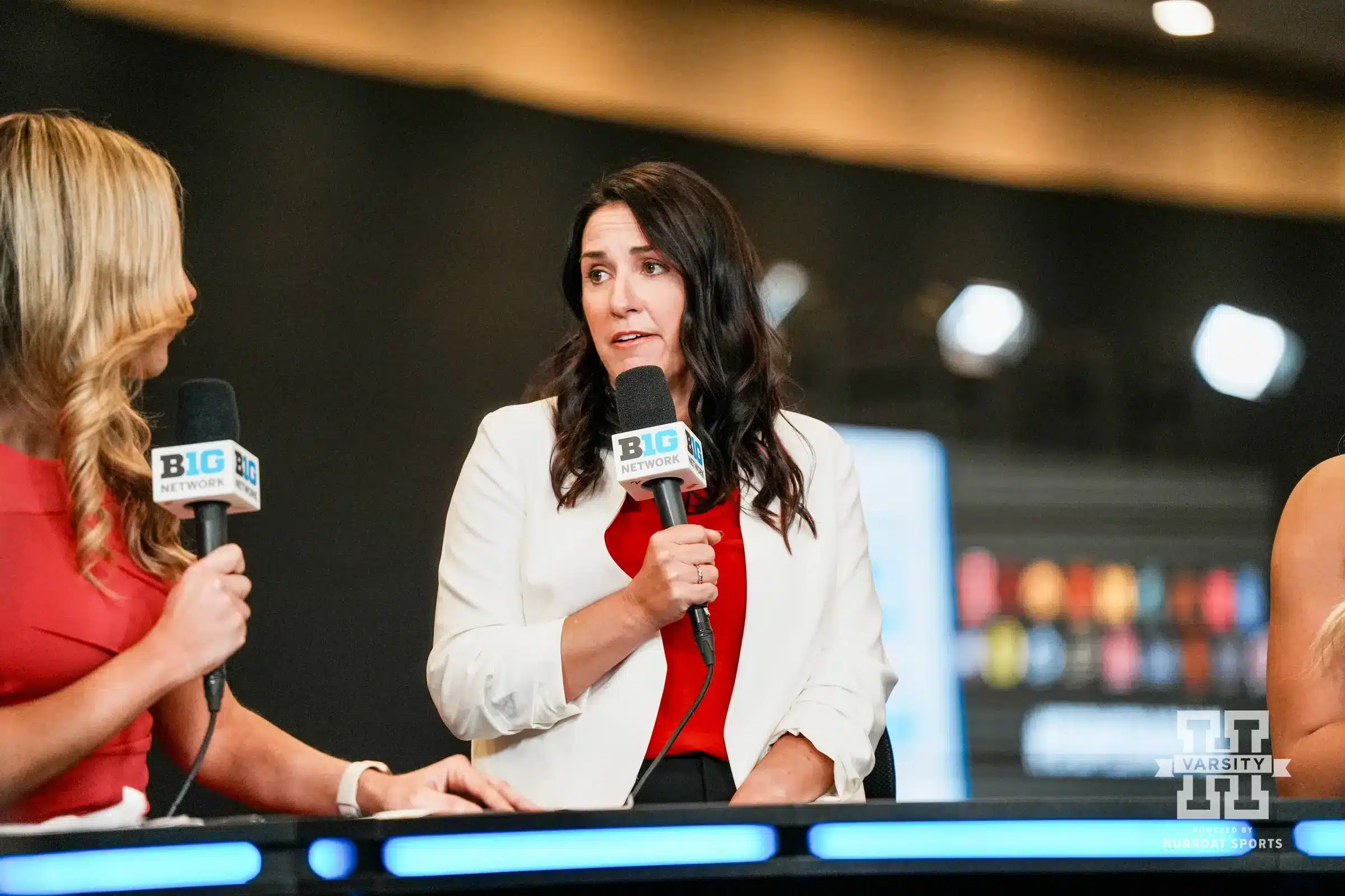 Nebraska head coach Amy Williams answering questions from the media during Big Ten Media Days Wednesday, October 2, 2024, in Rosemont, Illinois. Photo by Mike Sautter.