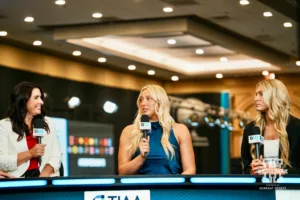 Nebraska head coach Amy Williams answering questions from the media during Big Ten Media Days Wednesday, October 2, 2024, in Rosemont, Illinois. Photo by Mike Sautter.