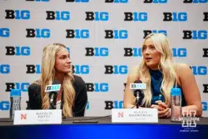 Nebraska Cornhuskers Alexis Markowski, and Natalie Potts answering questions from the media during Big Ten Media Days Wednesday, October 2, 2024, in Rosemont, Illinois. Photo by Mike Sautter.