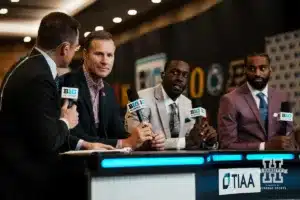 Nebraska head coach Fred Hoiberg, Juwan Gary, and Brice Williams are answering questions from the media during Big Ten Media Days on Thursday, October 3, 2024, in Rosemont, IL. Photo by Mike Sautter.