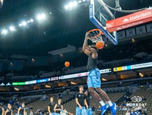 Fredrick King dunks before a college basketball game November 10th, 2024 in Omaha Nebraska. Photo by Brandon Tiedemann.