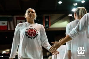 Nebraska Cornhusker center Alexis Markowski (40) gives five to teammates before taking on South Dakota during a college women's basketball game Saturday, November 16, 2024 in Sioux Falls, South Dakota. Photo by Collin Stilen.