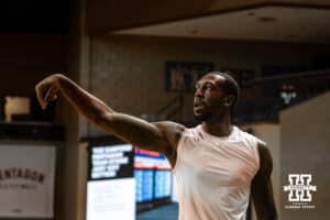 Nebraska Cornhusker forward Juwan Gary (4) takes a jump shot warming up to take on the St. Mary's Gaels during a college basketball game Sunday, November 17, 2024 in Sioux Falls, South Dakota.